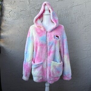 SHEIN Hello Kitty‎ Tie Dye Fuzzy Fleece Hooded Jacket, Full Zip Up, Pink Blue